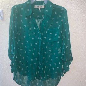 DVF sheer flora green button up silk